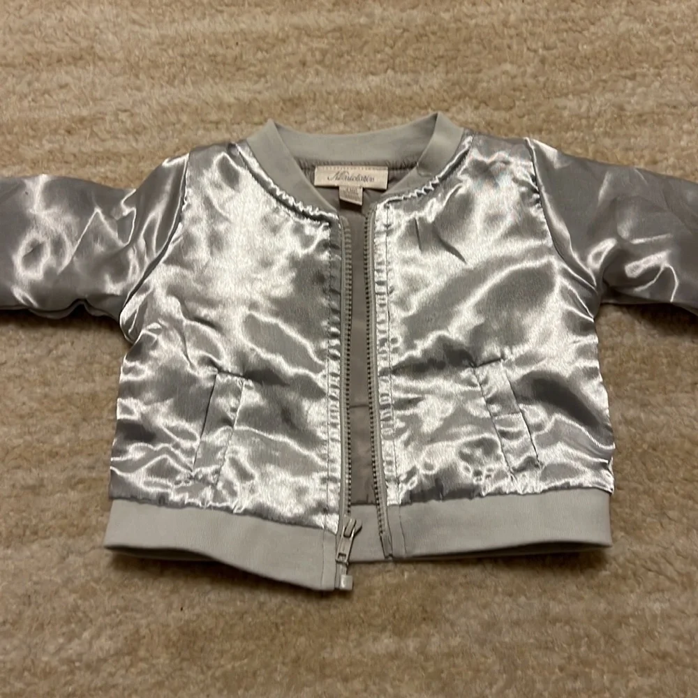 NWOT Miniclasix Silver Satiny jacket with matching shirt with tutu and pants